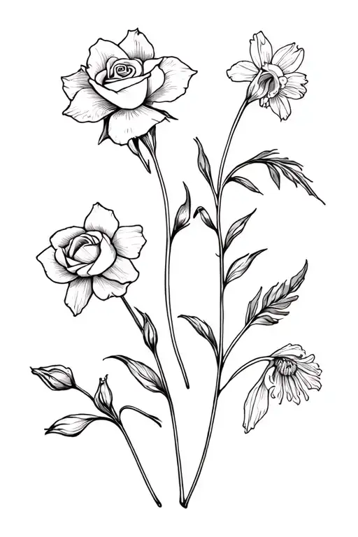 fine line family birth flowers- Rose, Daffodil, two larkspur and two narcissus, Roman numerals XXIII • X • MMXXV,  tattoo design idea