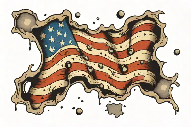 ripped American flag waving with bullet holes tattoo design idea