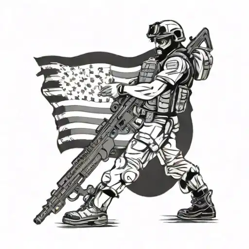 A tactical SWAT team member in action, with guns blazing and a patriotic flag in the background tattoo design idea