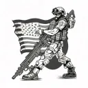 A tactical SWAT team member in action, with guns blazing and a patriotic flag in the background tattoo design idea