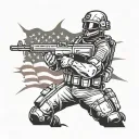 A tactical SWAT team member in action, with guns blazing and a patriotic flag in the background tattoo design idea
