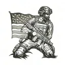 A tactical SWAT team member in action, with guns blazing and a patriotic flag in the background tattoo design idea