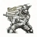 A tactical SWAT team member in action, with guns blazing and a patriotic flag in the background tattoo design idea