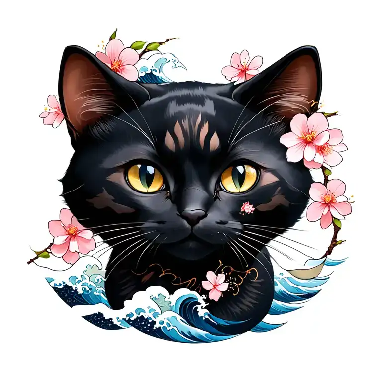 black female cat with cherry blossoms and blue waves  tattoo design idea
