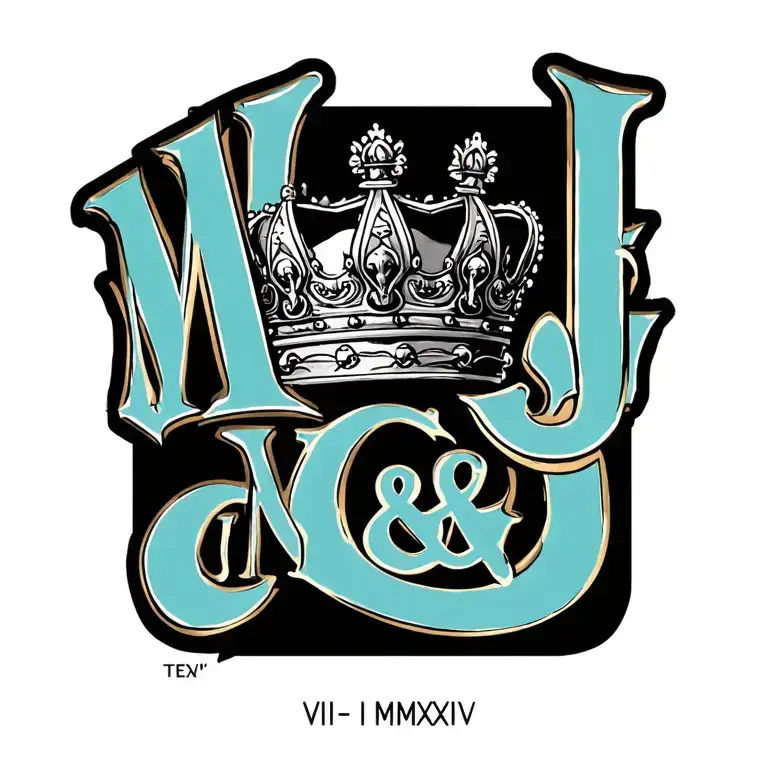"M & J VI-I-MMXXIV" King & Queens Crown tattoo design idea