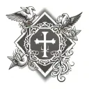 A minimalist geometric design incorporating the initials of family members intertwined with religious symbols like crosses or doves, representing the importance of both family and faith in the client's life tattoo design idea