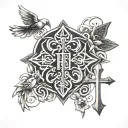 A minimalist geometric design incorporating the initials of family members intertwined with religious symbols like crosses or doves, representing the importance of both family and faith in the client's life tattoo design idea