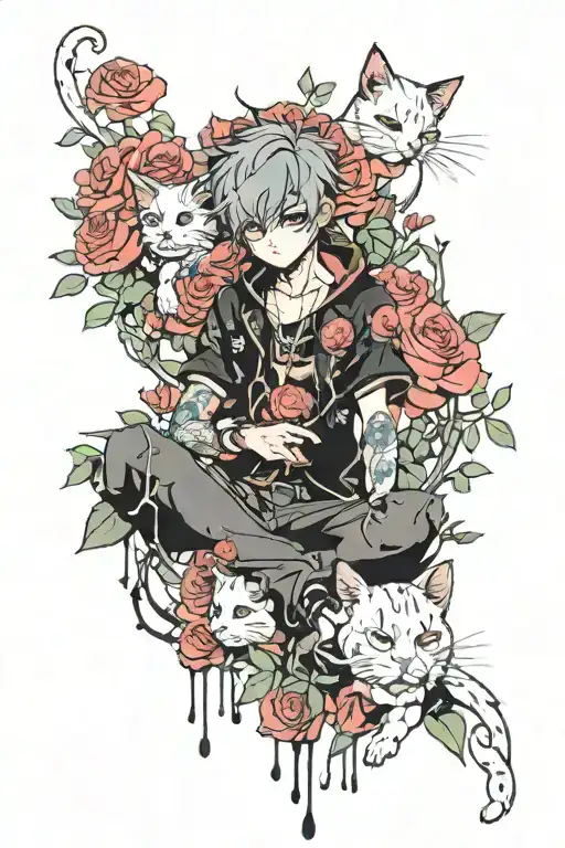 anime cat boy suronded by roses growing tattoo design idea