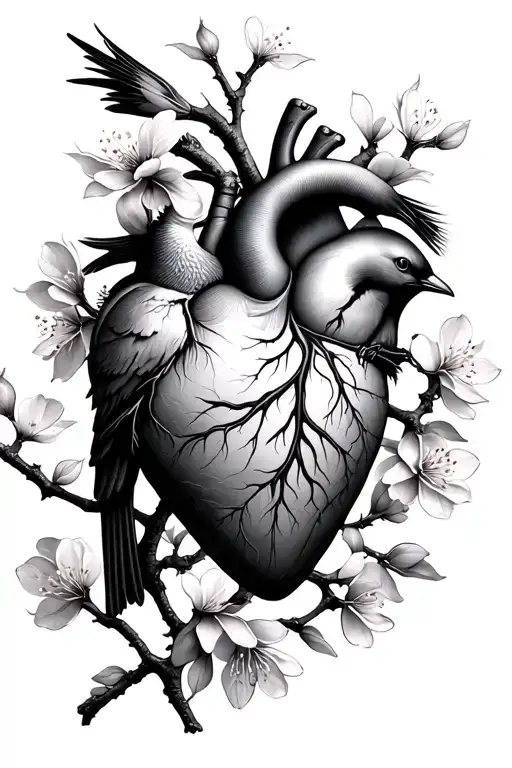 realistic human heart, cherry blossom, bird perched tattoo design idea