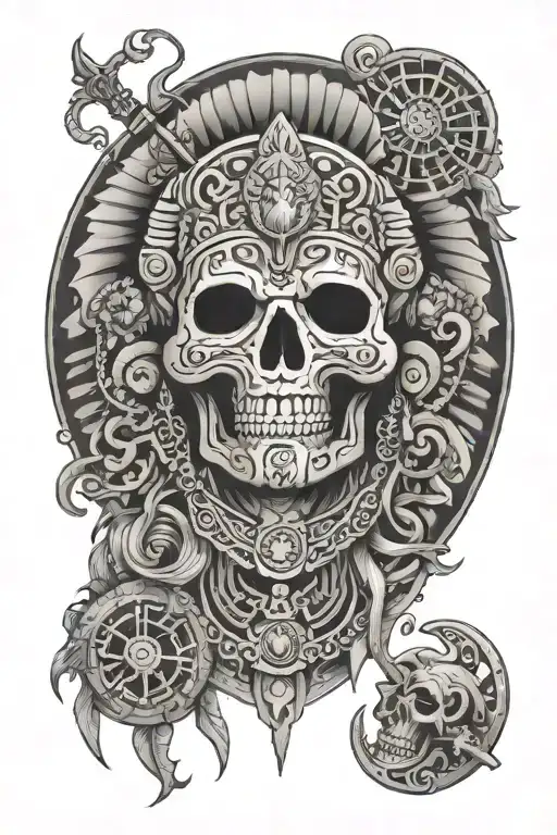Aztec god of death among musical notes floating in tattoo design idea