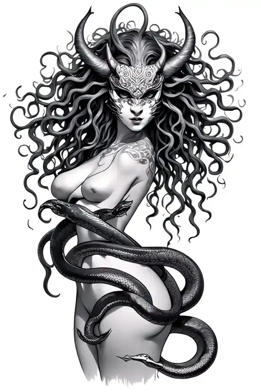 medusa goddess with oni mask and snakes wrapped tattoo design idea