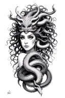 medusa goddess with oni mask and snakes wrapped tattoo design idea