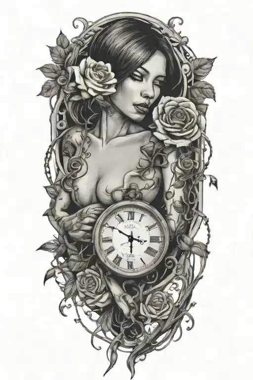 Naked girl, watch with numbers flying away, intertwined roots growing from chains on wrist, roses with sharp vines tattoo design idea