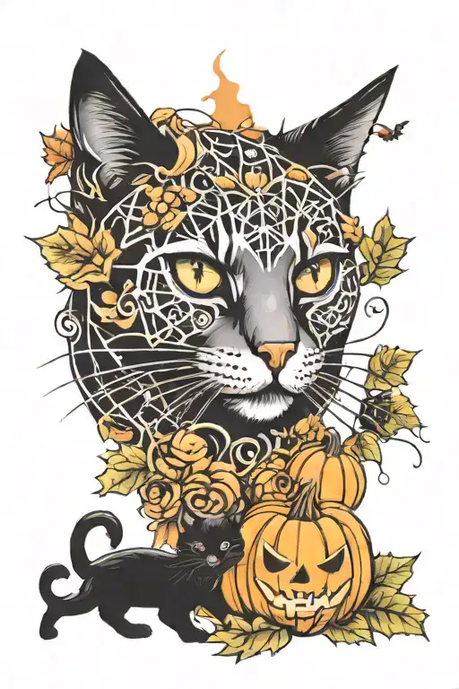 Halloween and fall themed tattoo incorporating black cat, jackolanterns, colourful leaves, spiderwebs, and magic spell tattoo design idea