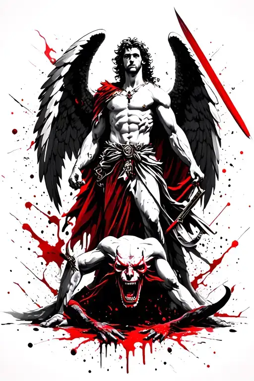 Archangel Michael holding a Sword in hand, Standing over defeated satan. tattoo design idea