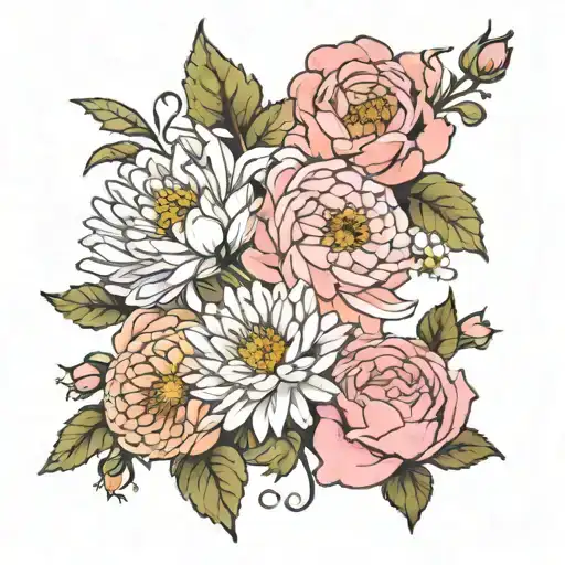 3 sisters tattoo vined flowers of rose honeysucke chrysanthemum carnation snow drop tattoo design idea