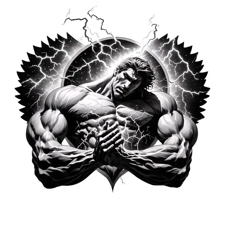 Titan Atlas lifting the broken sky, veins glowing with power as lightning tears across a storm-filled universe tattoo design idea