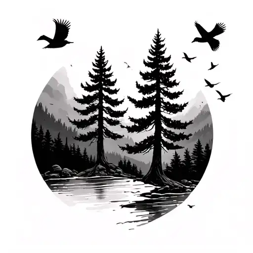 cypress trees with birds flying through the air  tattoo design idea