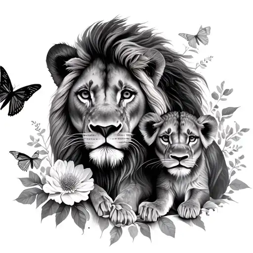 mother lion with 2 cubs, flowers, butterflies feminine tattoo design idea