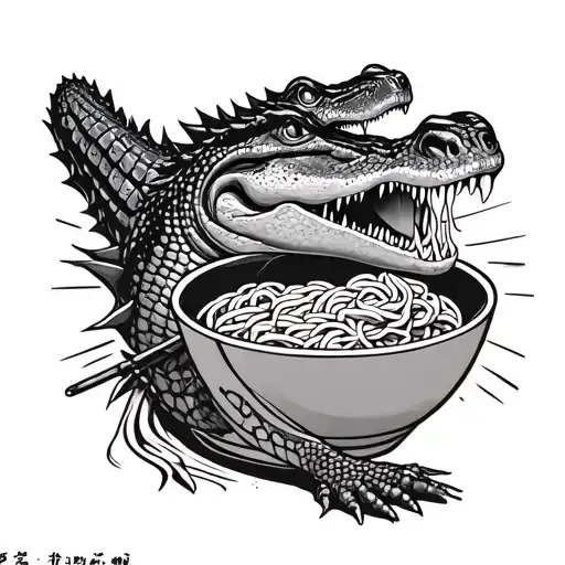 crocodile and a bowl of ramen Japanese style tattoo design idea