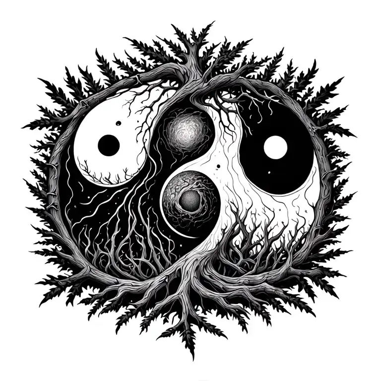 tree roots compas Yin Yang tattoo design idea