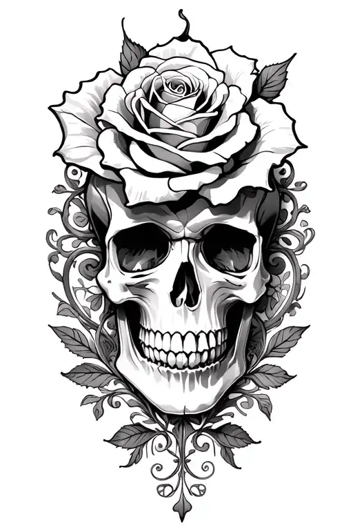 black and white Skull,  Rose, and Filigree around it. Negative as much as possible.  tattoo design idea