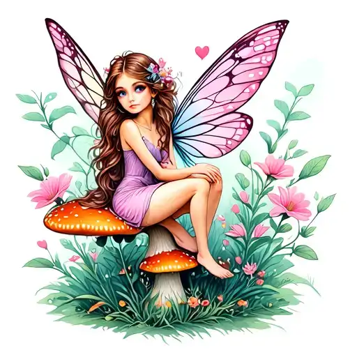 A new-school design of a whimsical fairy sitting on a mushroom, surrounded by pink flowers and sage plants, capturing the client's love for nature and fantasy tattoo design idea