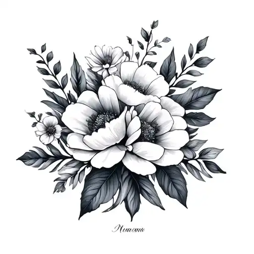 A beautiful floral arrangement with each child's name hidden among the petals and leaves tattoo design idea