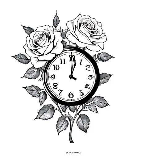 roses with a Clock that reads 5:36pm  Georgia Howard birthdate 12/12/23 tattoo design idea
