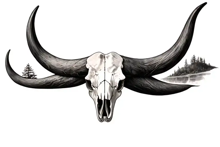 a realistic bull skull with nature scene to wrap my arm tattoo design idea