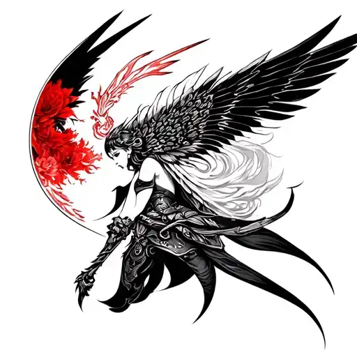 A Tattoo-Design on clean, white background. Tattoo-Style: Classic Japanese. Color: Black. Design: A brave Valkyrie tattoo design idea