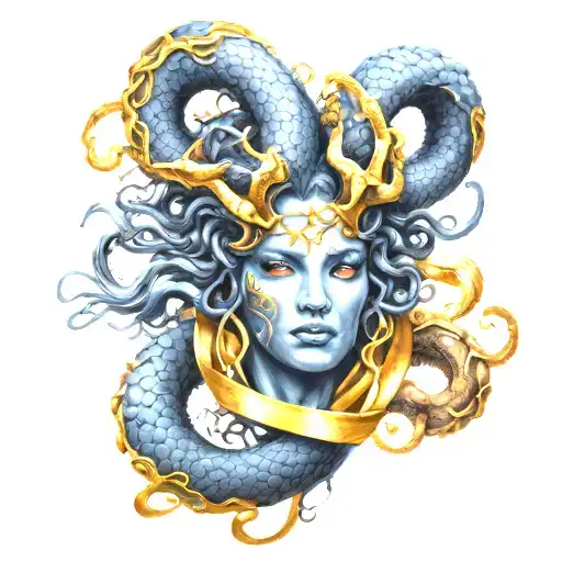 Medusa design combined zodiac signs cancer ribbon tattoo design idea