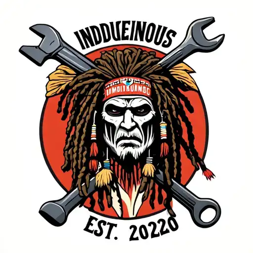 "Indigenous Plumbing Est. 2020" "Indigenous Plumbing Est. 2020" dreadlock face war painted Native American warrior holding wrench crossed tattoo design idea