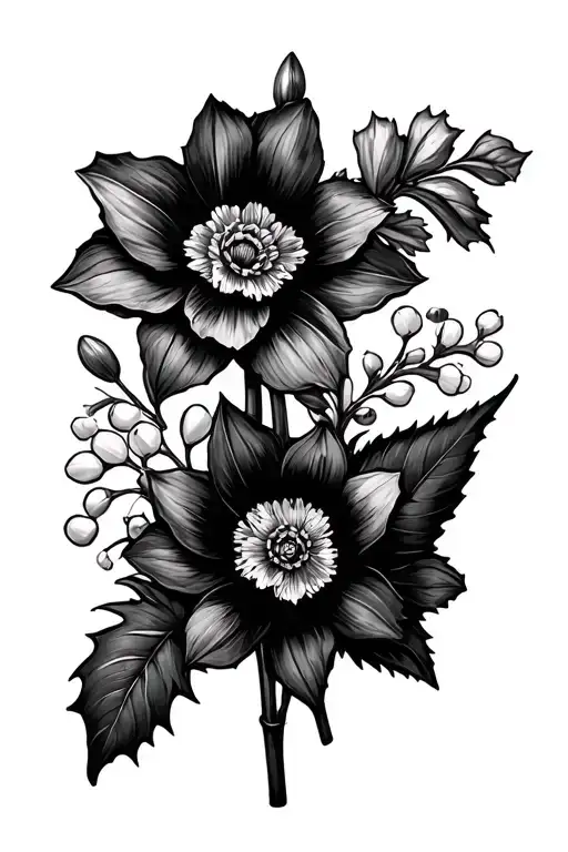 daffodils, holly leaves, poppy, gladiolus, water lily, larkspur, hawthorn, lily of the valley in one design tattoo design idea