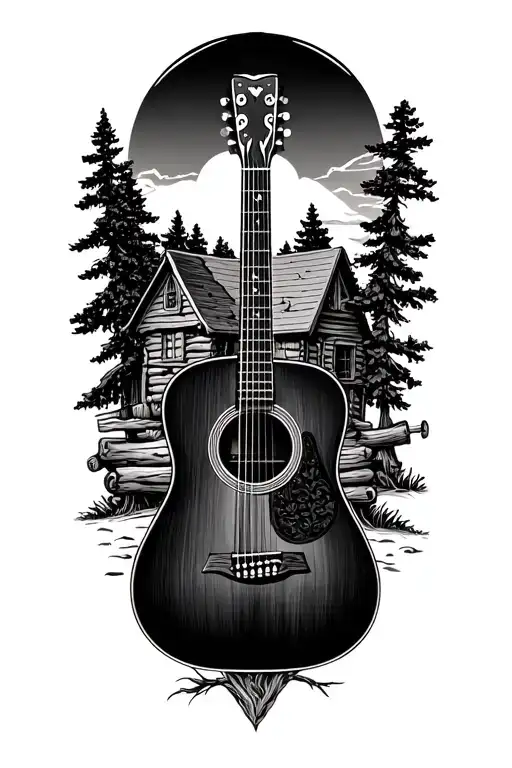 accoustic guitar surrounded by log cabin scene inside tattoo design idea
