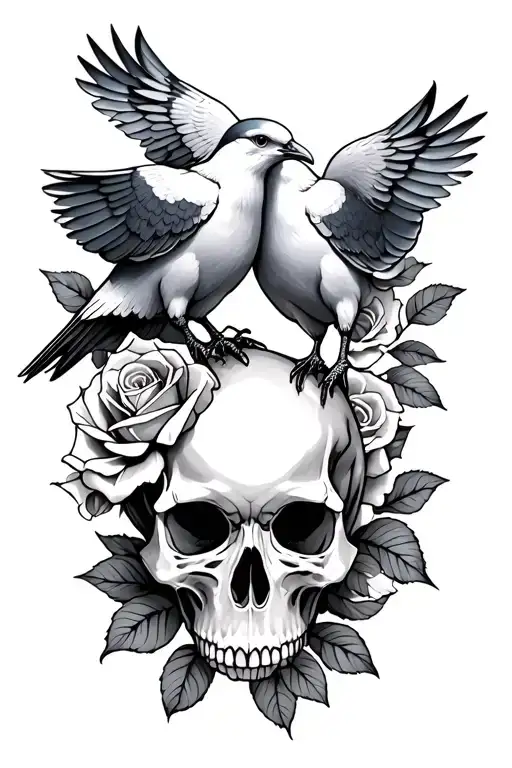 2 small doves with skull and roses tattoo design idea