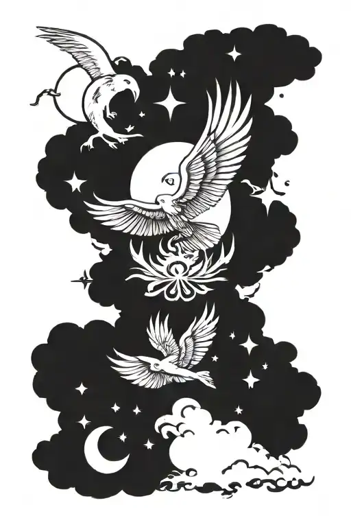 I want combined tattoo of these pictures as one sun, moon, star, 11:11 , hope, Phoenix bird tattoo design idea
