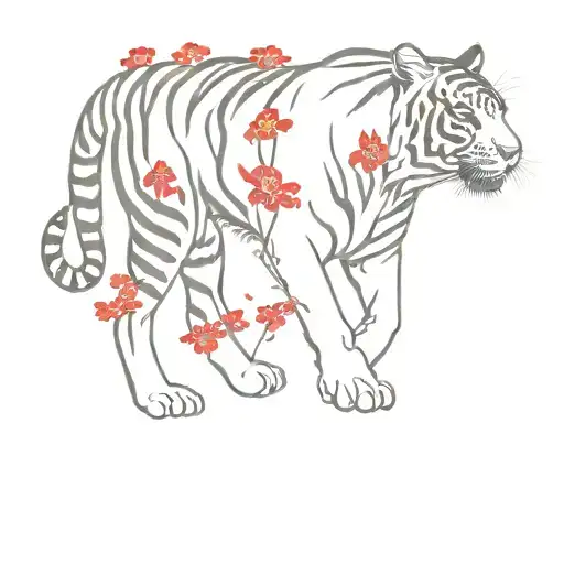black full body tiger walking forward, red Asian flowers around it tattoo design idea