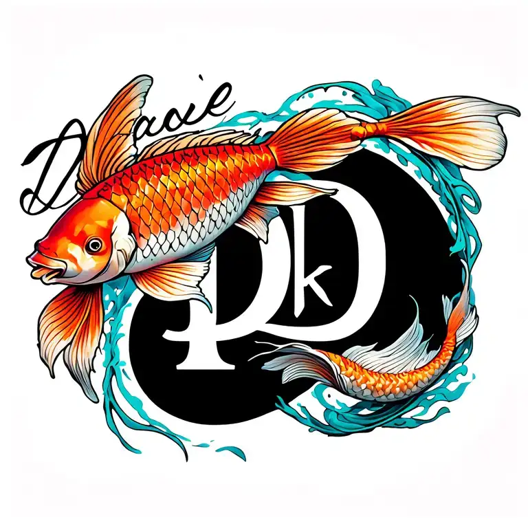 butterfly koi fish on rib cage slanted downward with dale written above it and the tail wrapping up to the D with the co tattoo design idea