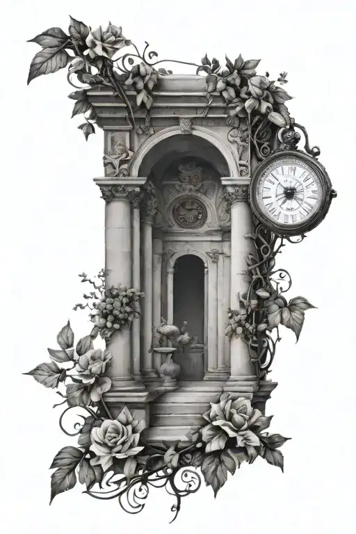 ancient roman arch monument with vines wrapping around the arch, and a compass tattoo design idea