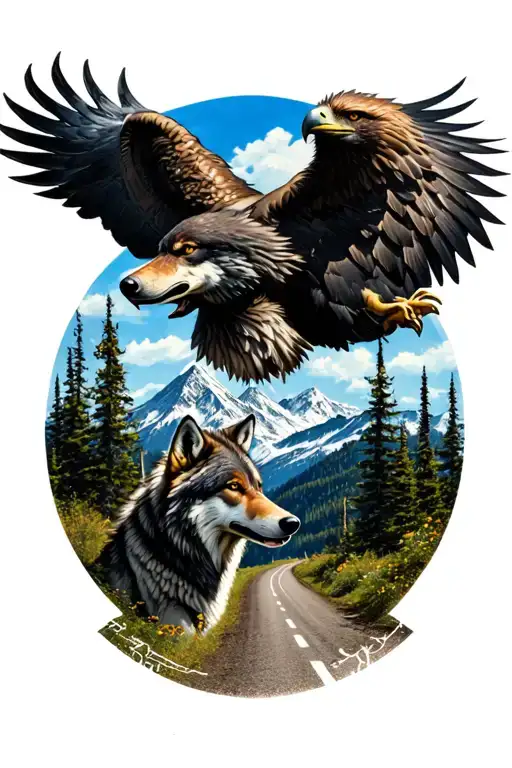 road to mountain with Wolf and Eagle tattoo design idea
