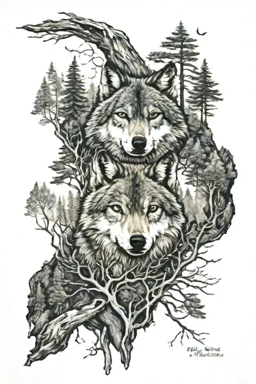wolf in howling forest scene tattoo design idea