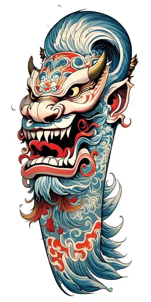 oni demon mask, finger waves crashing tattoo design idea