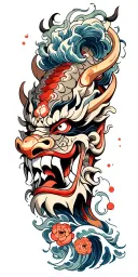 oni demon mask, finger waves crashing tattoo design idea