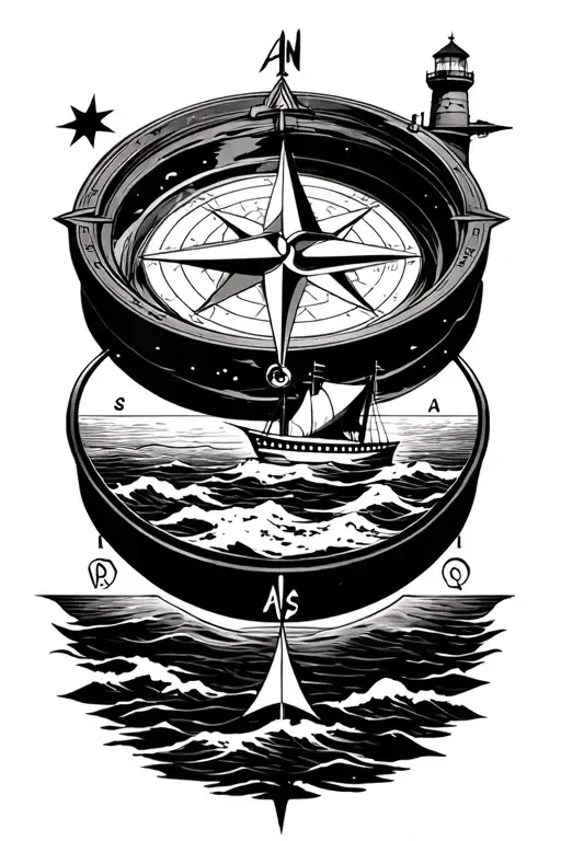 compass, lighthouse west, North Star, the rising east, catamaran on sea south, body compass represents world with plane tattoo design idea