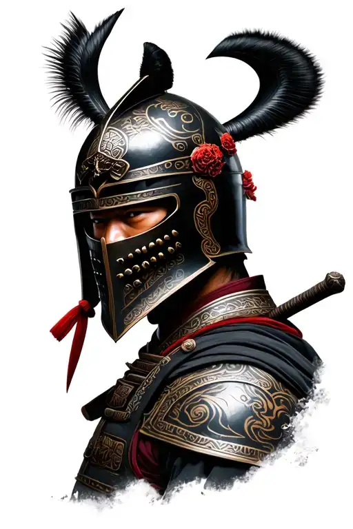 photo realistic ronin samurai warrior wearing a kabuto helmet with maedate crest tattoo design idea