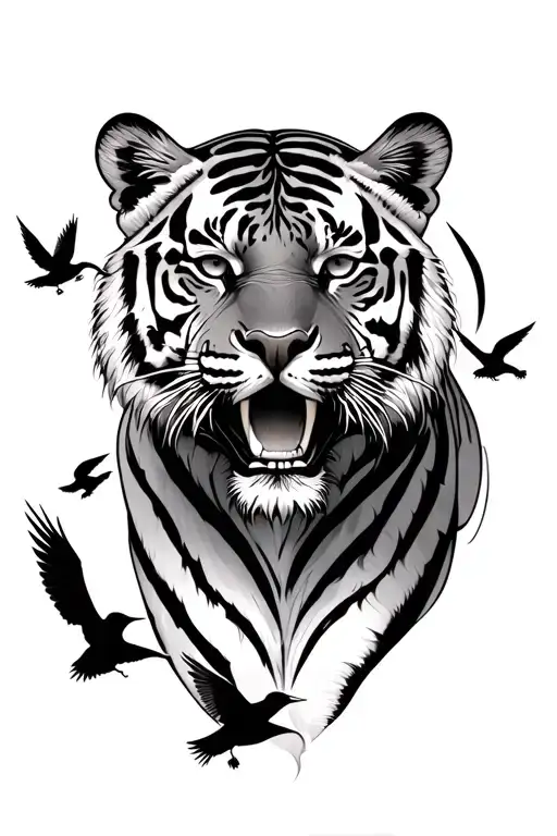 tiger surrounded with swallow flying away tattoo design idea