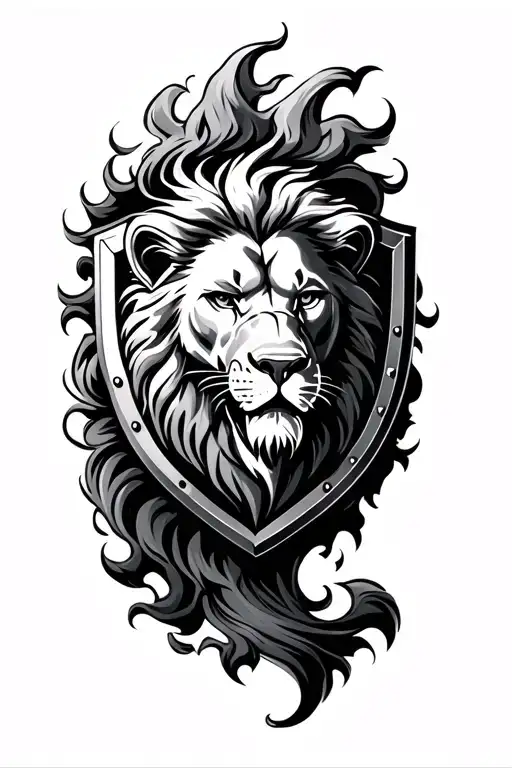 lion head coming out of crest shield tattoo design idea