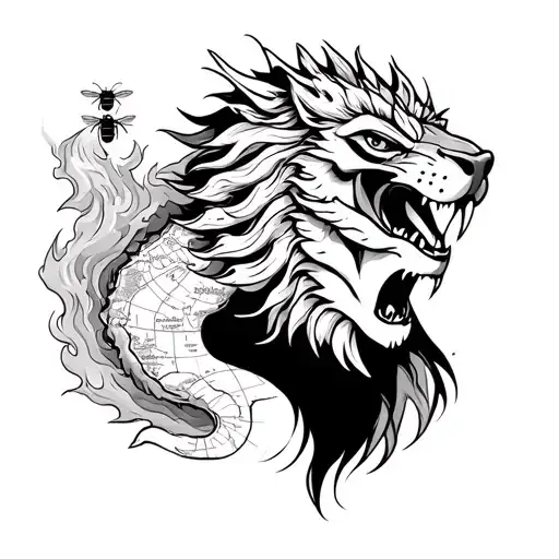 dragon breathing fire, bees with a hive, map, lion mask on womens face, speak no evil hear no evil and see no evil tattoo design idea