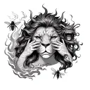 dragon breathing fire, bees with a hive, map, lion mask on womens face, speak no evil hear no evil and see no evil tattoo design idea